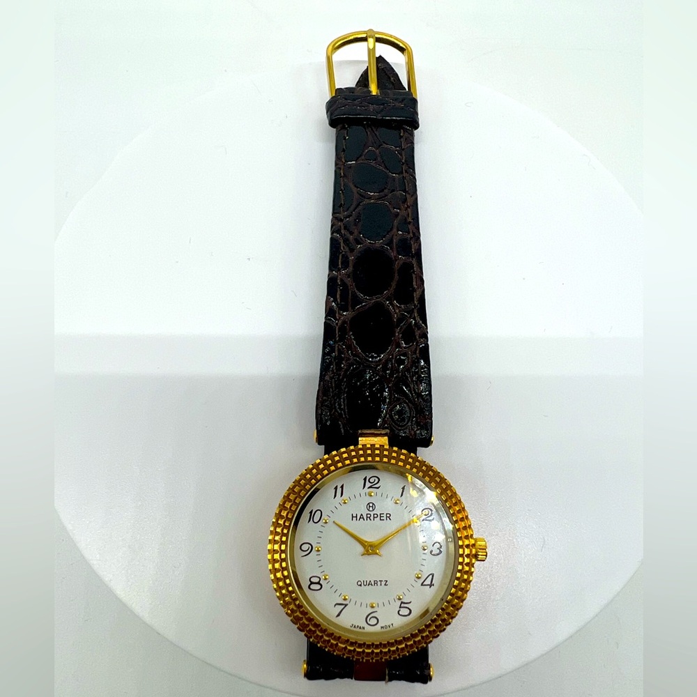 HARPER VINTAGE 18K Gold Plated Brown Leather Round Quartz Japan Movement Watch